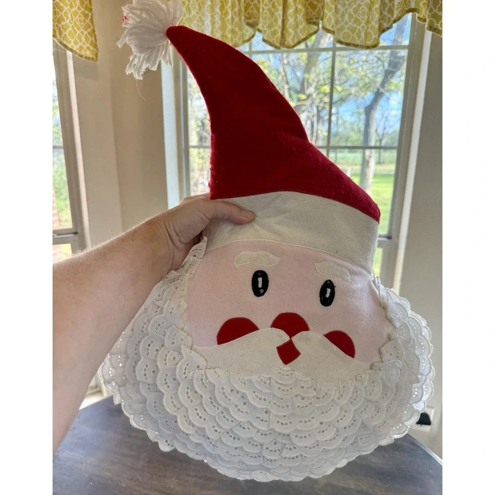 Vintage Handmade Felt‎ Santa Pillow Lace Beard Christmas Decor